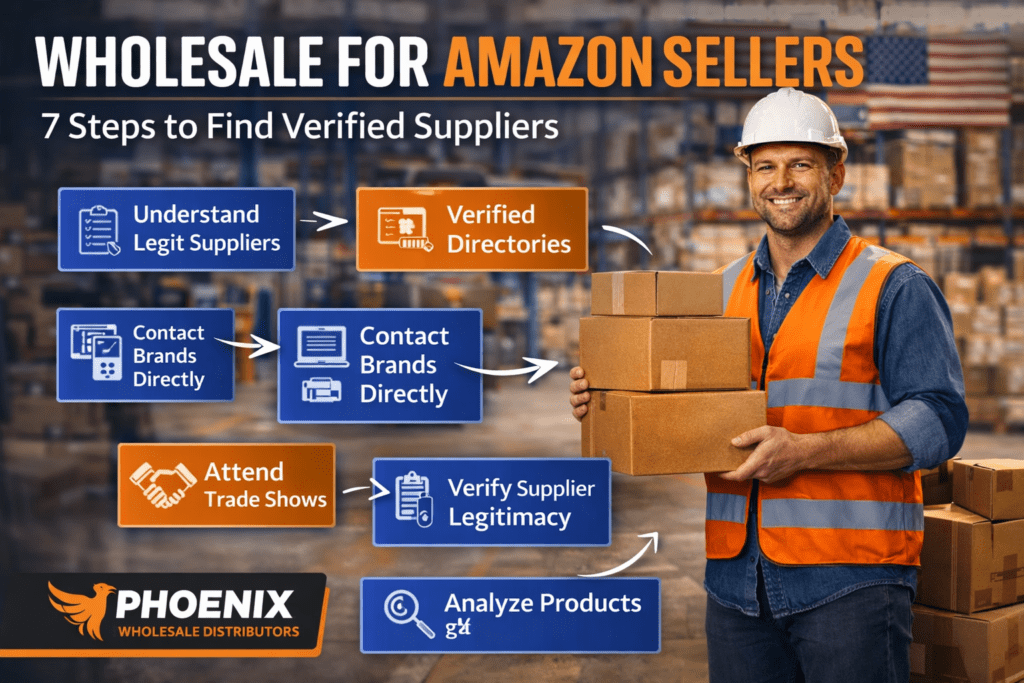 Wholesale for Amazon sellers guide showing supplier verification, bulk products, trade shows, product analysis, and trusted wholesale sourcing in the USA.