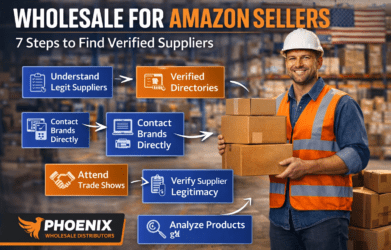 Wholesale for Amazon sellers guide showing supplier verification, bulk products, trade shows, product analysis, and trusted wholesale sourcing in the USA.