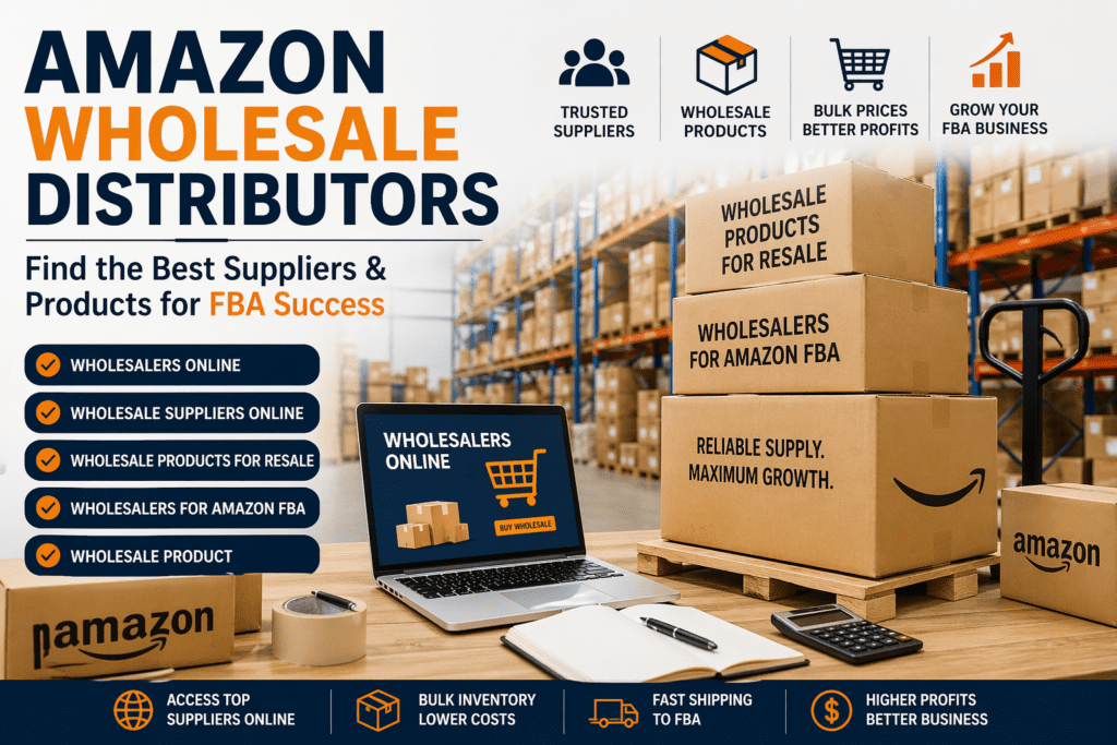 Amazon wholesale distributors warehouse with wholesale products for resale and FBA shipping process