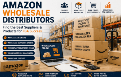 Amazon wholesale distributors warehouse with wholesale products for resale and FBA shipping process