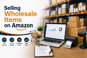 Selling wholesale items on Amazon with wholesale products, supplier network, inventory boxes, and Amazon FBA warehouse illustration.