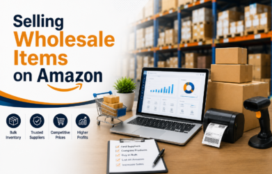 Selling wholesale items on Amazon with wholesale products, supplier network, inventory boxes, and Amazon FBA warehouse illustration.