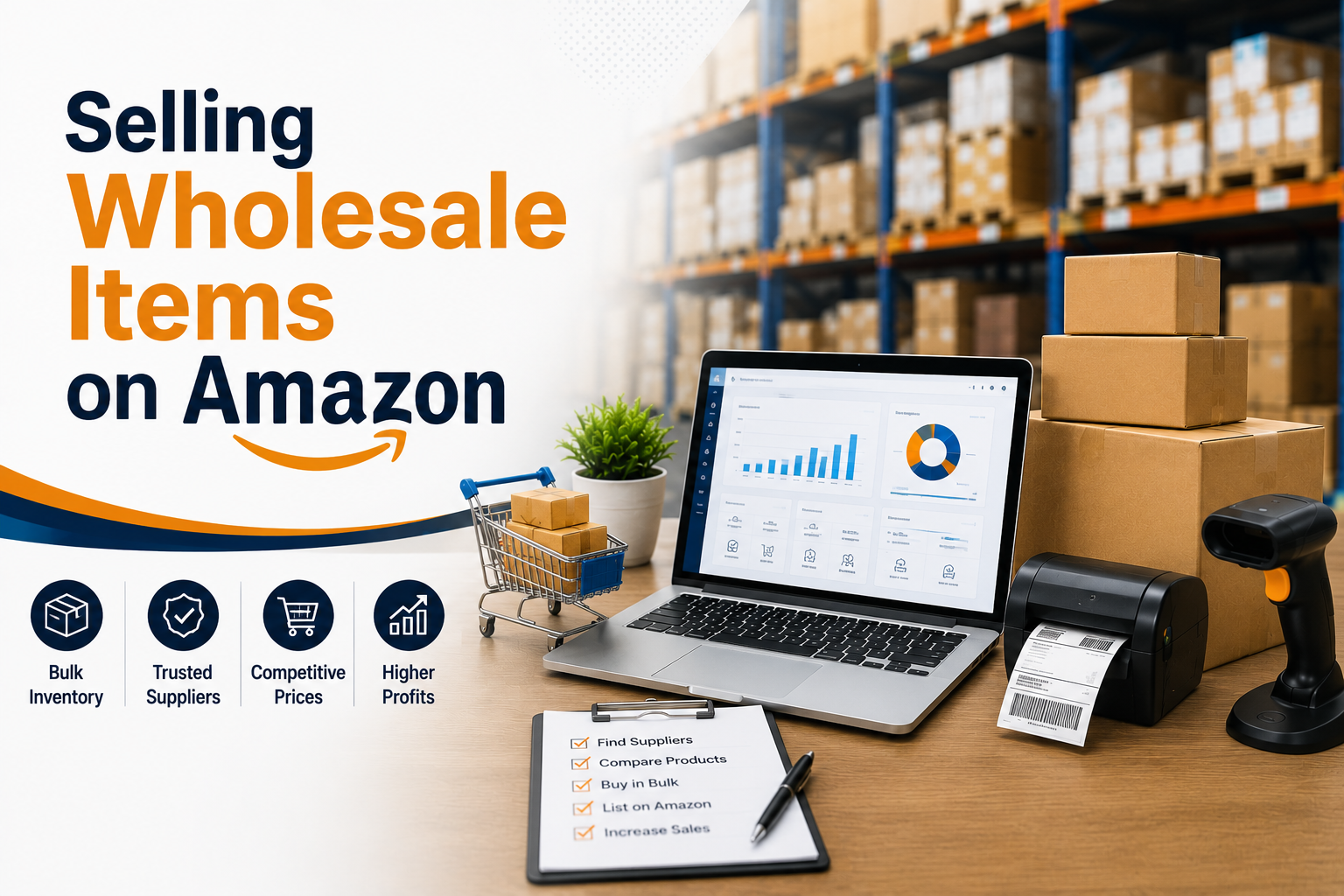 Selling wholesale items on Amazon with wholesale products, supplier network, inventory boxes, and Amazon FBA warehouse illustration.