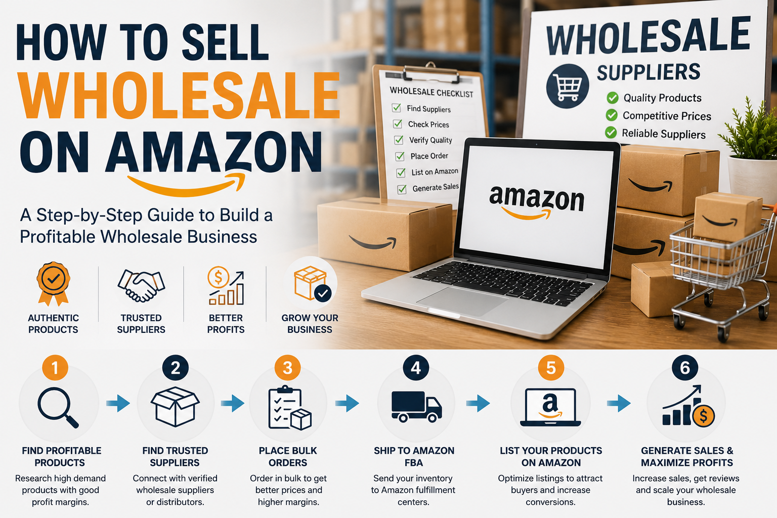 How to sell wholesale on Amazon using trusted wholesale suppliers, Amazon FBA, and profitable product sourcing strategies.